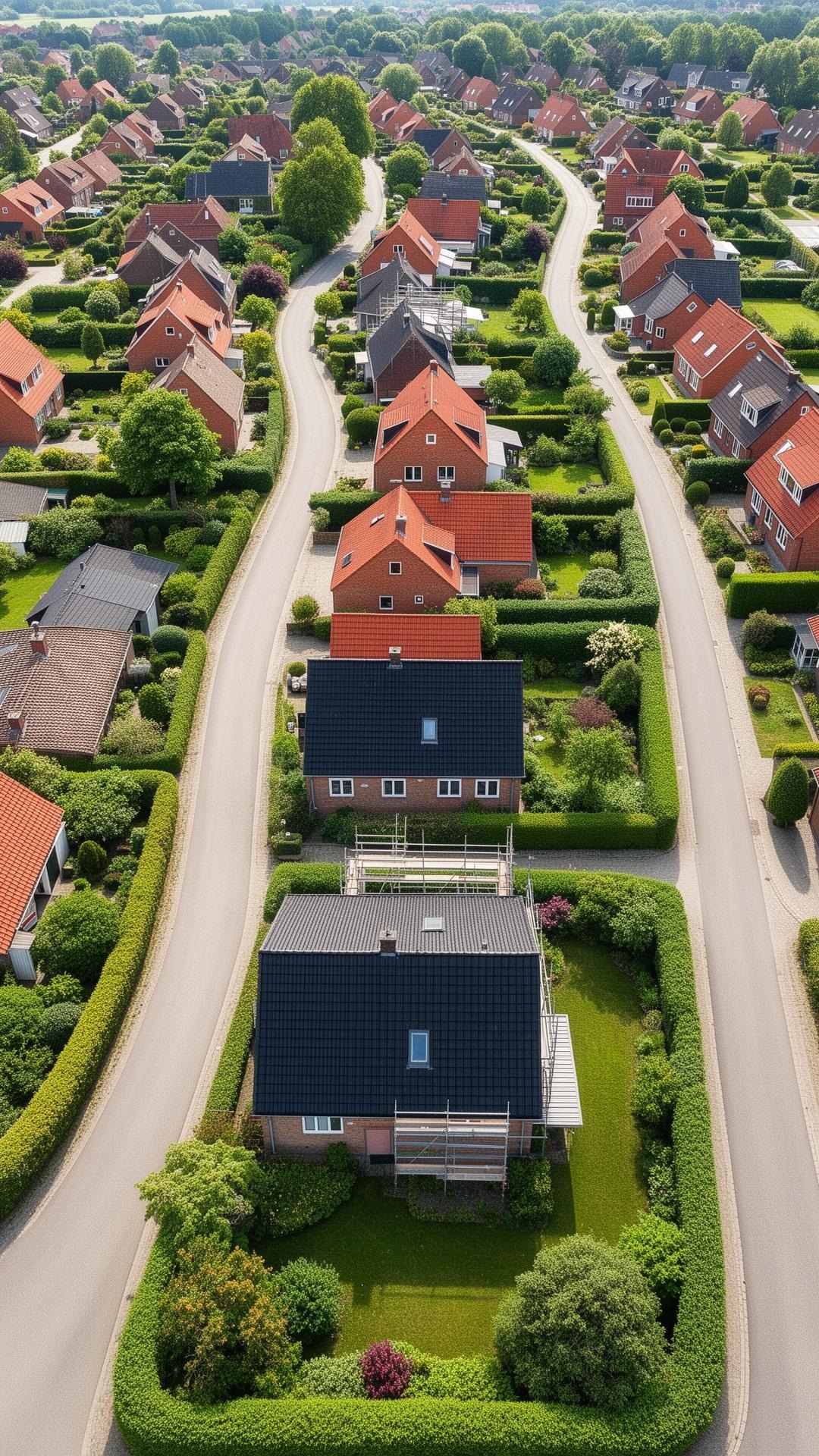 Dronefoto af aktiv dansk byggeplads med stillads, tømmer og tagsten